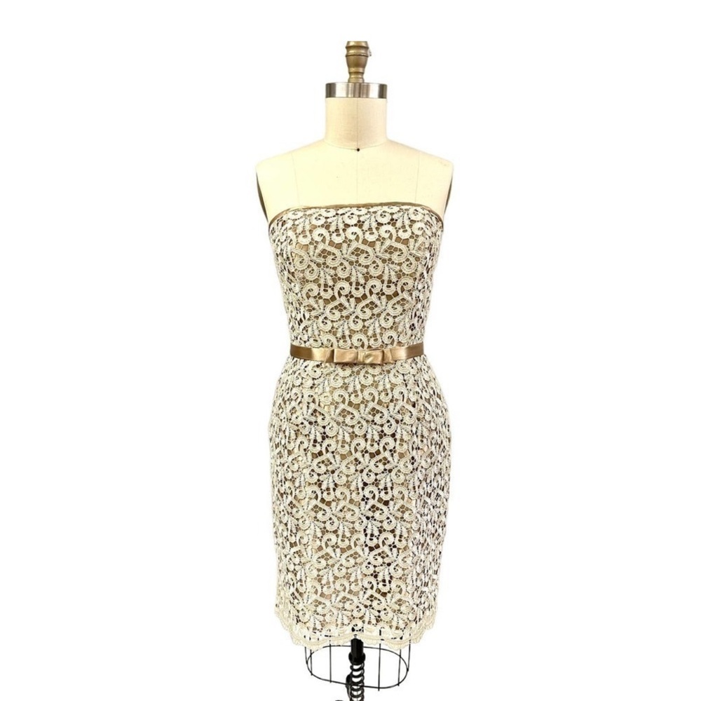 Vintage Jessica McClintock Gold Satin/Lace Overlay Strapless Party Dress Sz 8
